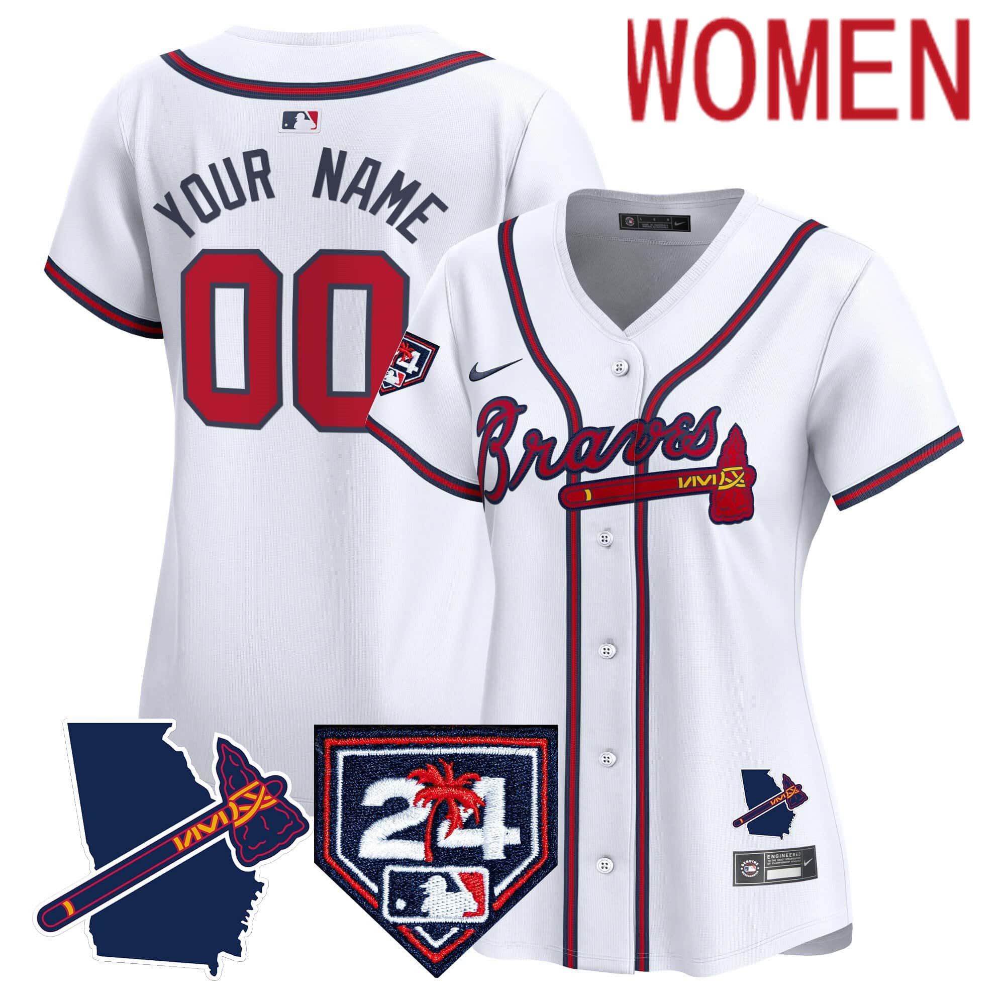 Women Atlanta Braves White Nike 2024 Spring Training & Georgia Patch Vapor Premier Elite Custom MLB Jersey style 1->customized mlb jersey->Custom Jersey